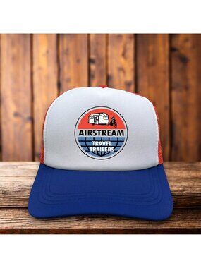 Retro Airstream Travel Trailer Mens Trucker Hat Blue Snapback RV Baseball Cap